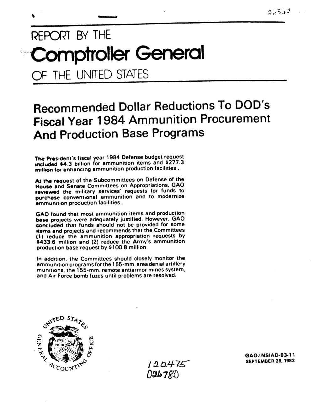 NSIAD-83-11 Recommended Dollar Reductions to DOD's FY 1984
