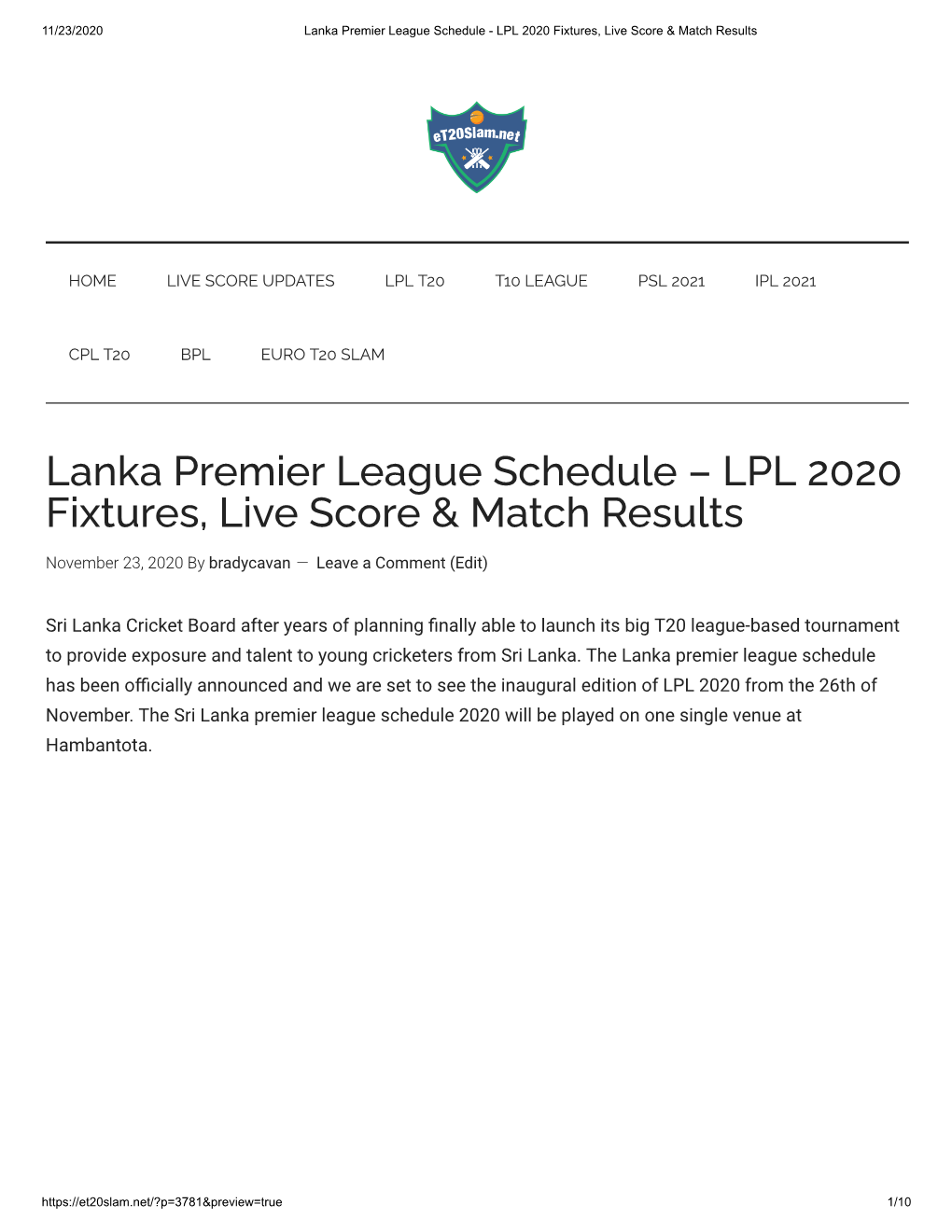 Lanka Premier League Schedule - LPL 2020 Fixtures, Live Score & Match Results