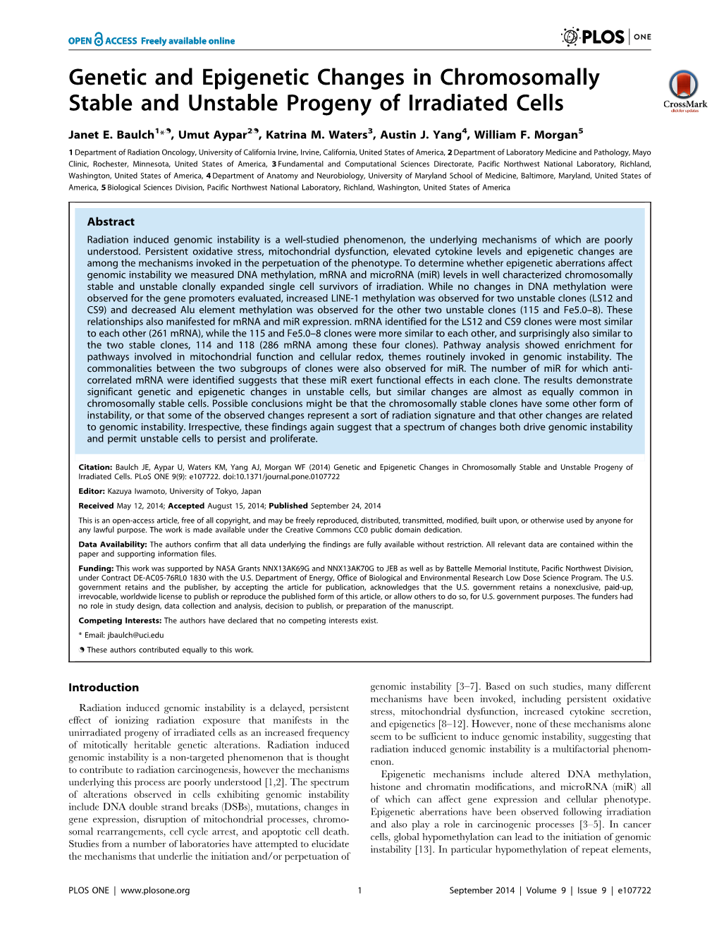 Genetic and Epigenetic Changes in Chromosomally Stable and Unstable Progeny of Irradiated Cells