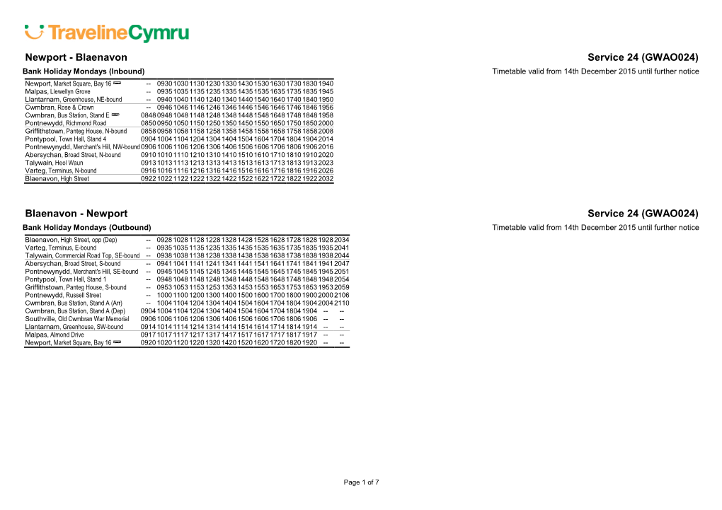 PTI Cymru A4 Landscape Timetable