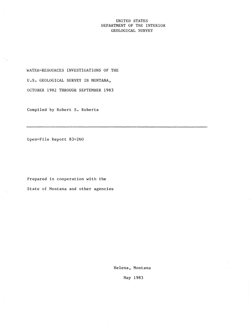 United States Department of the Interior Geological Survey Water-Resources Investigations of the U.S. Geological Survey in Monta