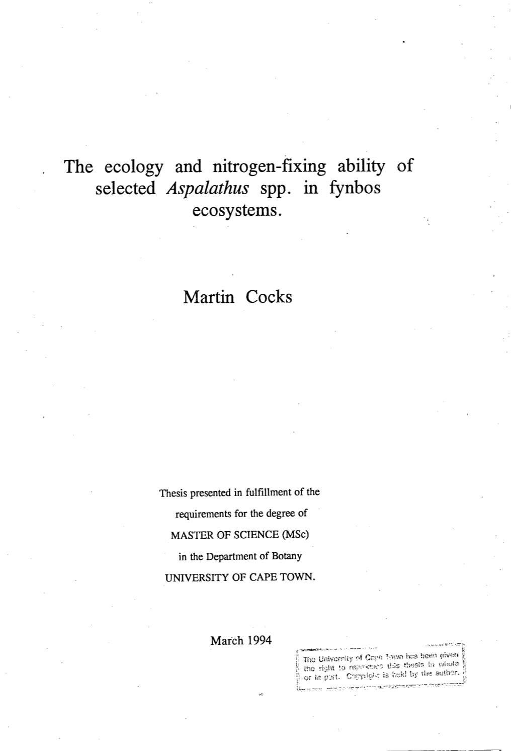 The Ecology and Nitrogen-Fixing Ability of Selected Aspalathus Spp