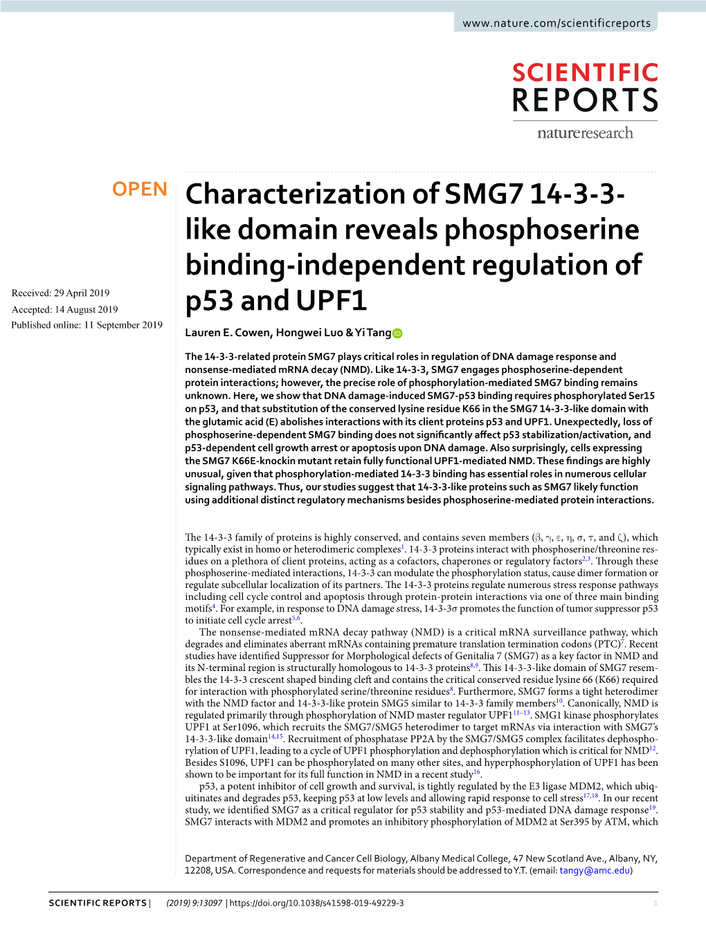 Characterization of SMG7 14-3-3-Like Domain Reveals Phosphoserine