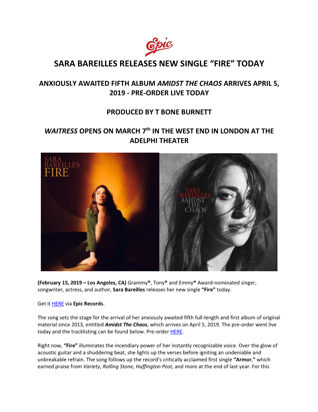 Sara Bareilles Releases New Single “Fire” Today