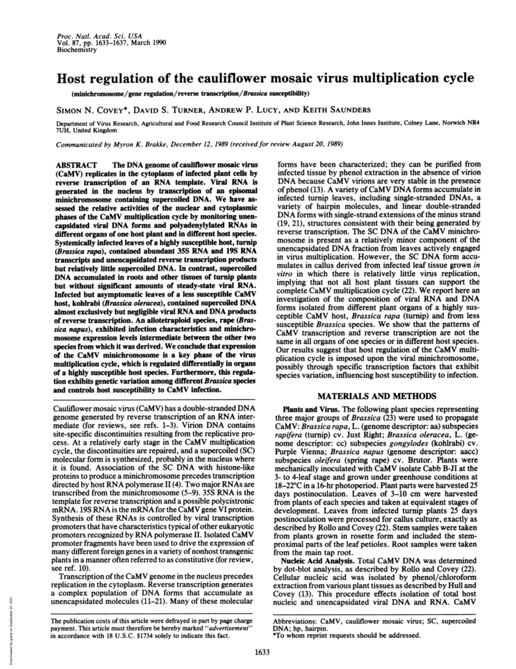 Host Regulation of the Cauliflower Mosaic Virus Multiplication Cycle (Minichromosome/Gene Regulation/Reverse Transcription/Brassica Susceptibility) SIMON N