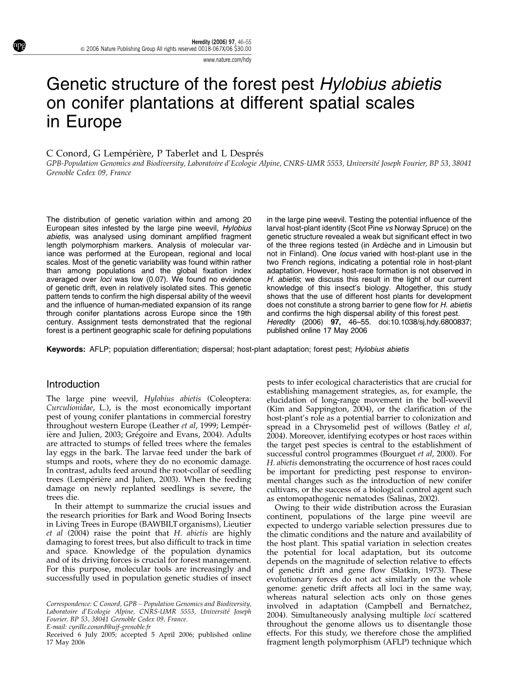 Genetic Structure of the Forest Pest Hylobius Abietis on Conifer Plantations at Different Spatial Scales in Europe