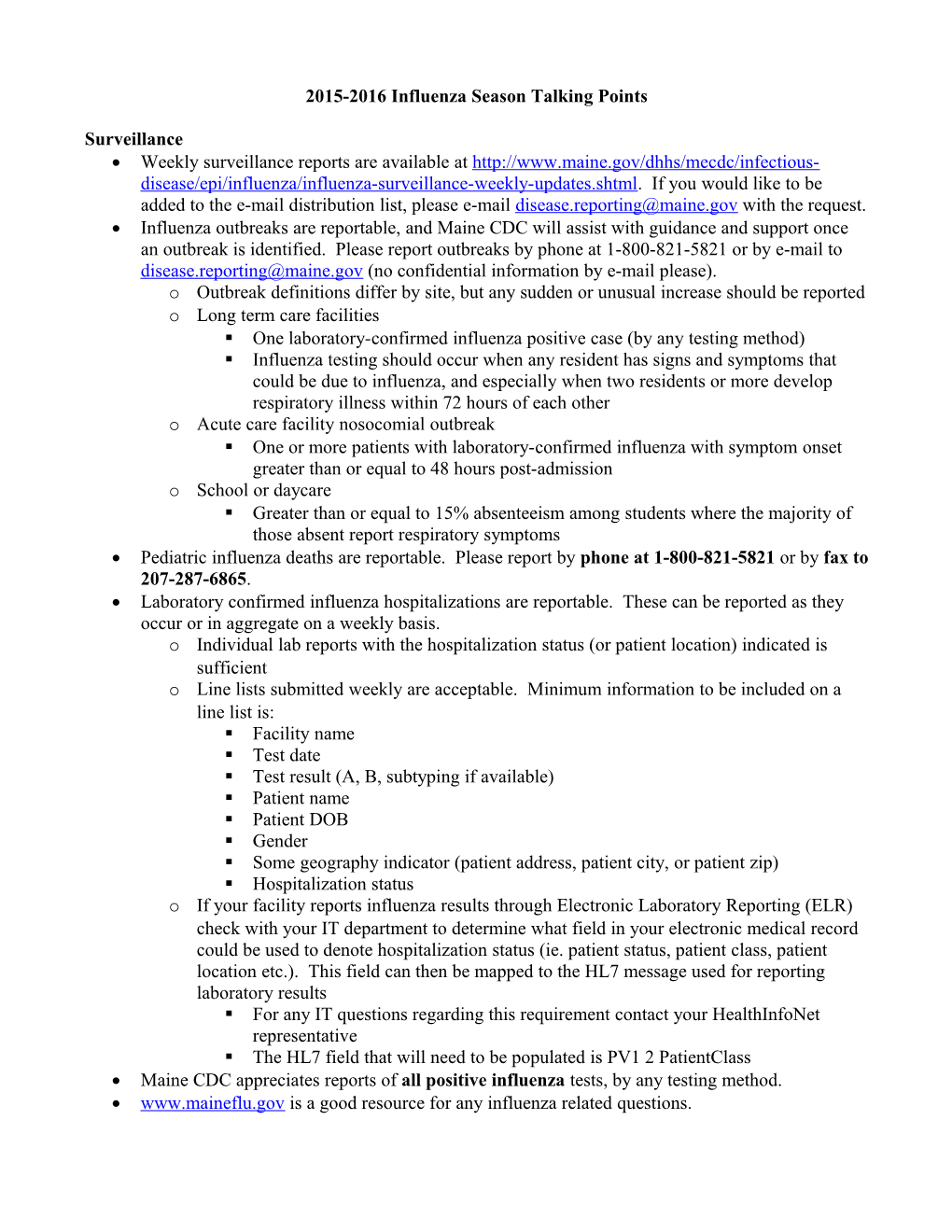 2015-2016 Influenza Season Talking Points