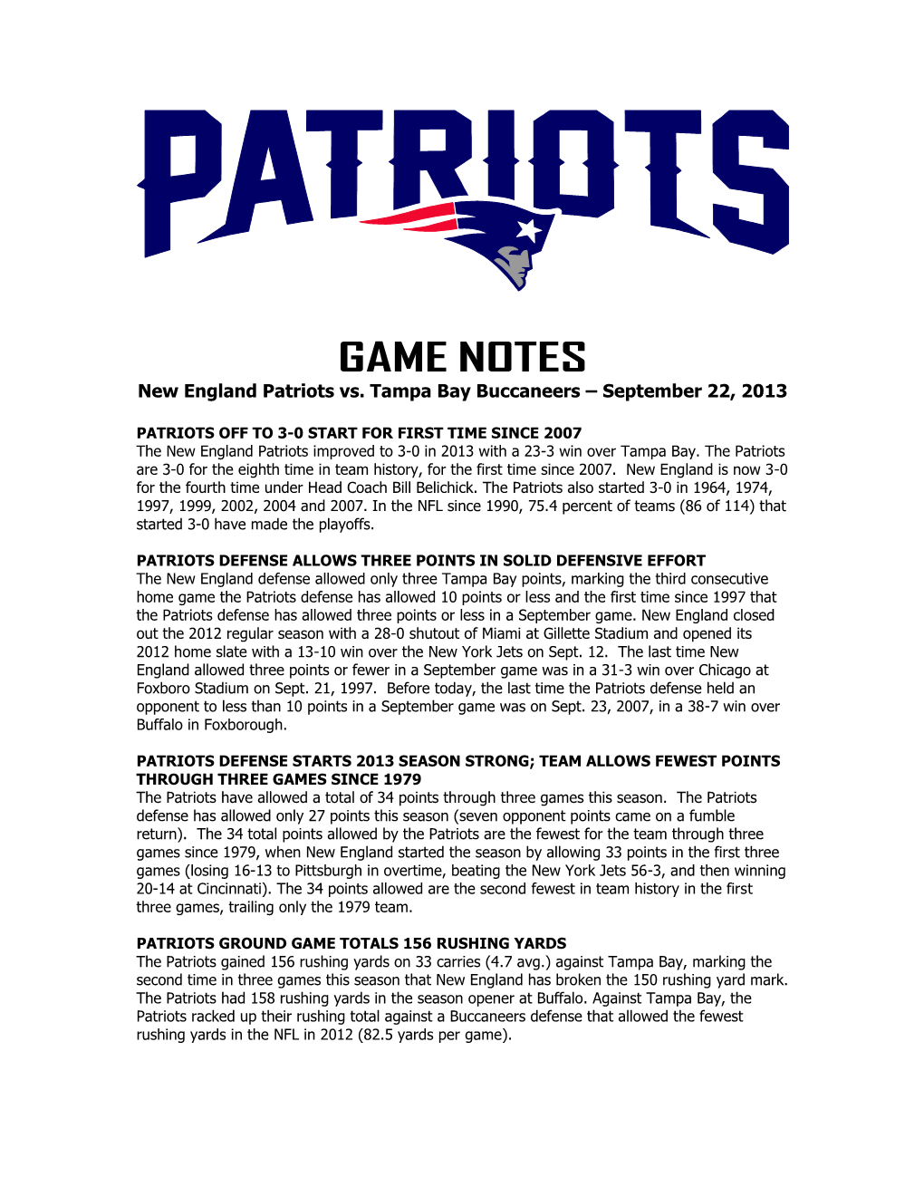 Patriots at Philadelphia Game Notes