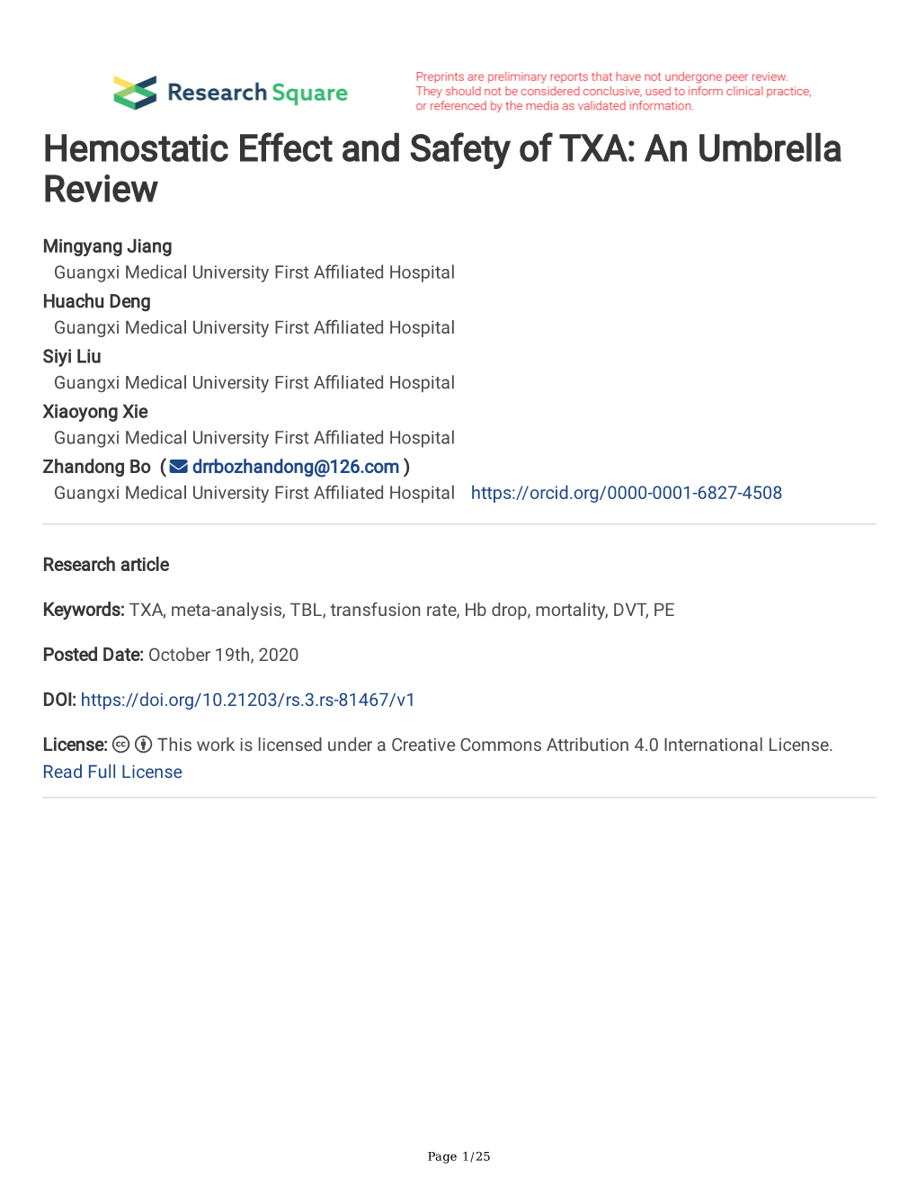 Hemostatic Effect and Safety of TXA: an Umbrella Review