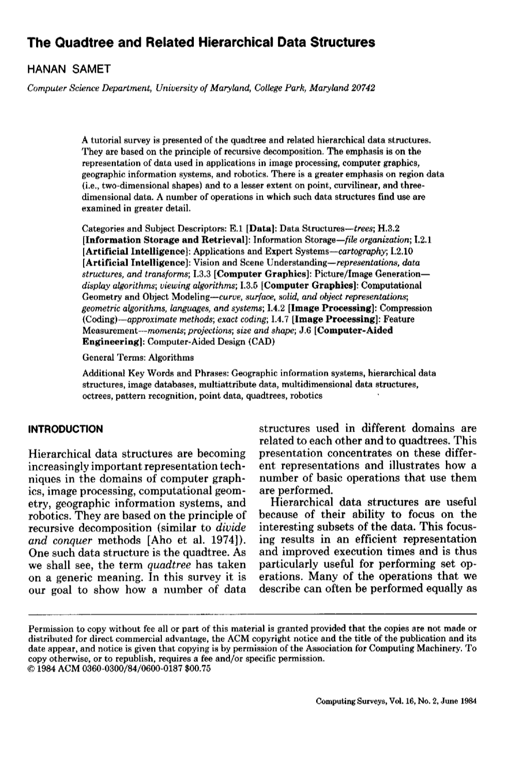 The Quadtree and Related Hierarchical Data Structures