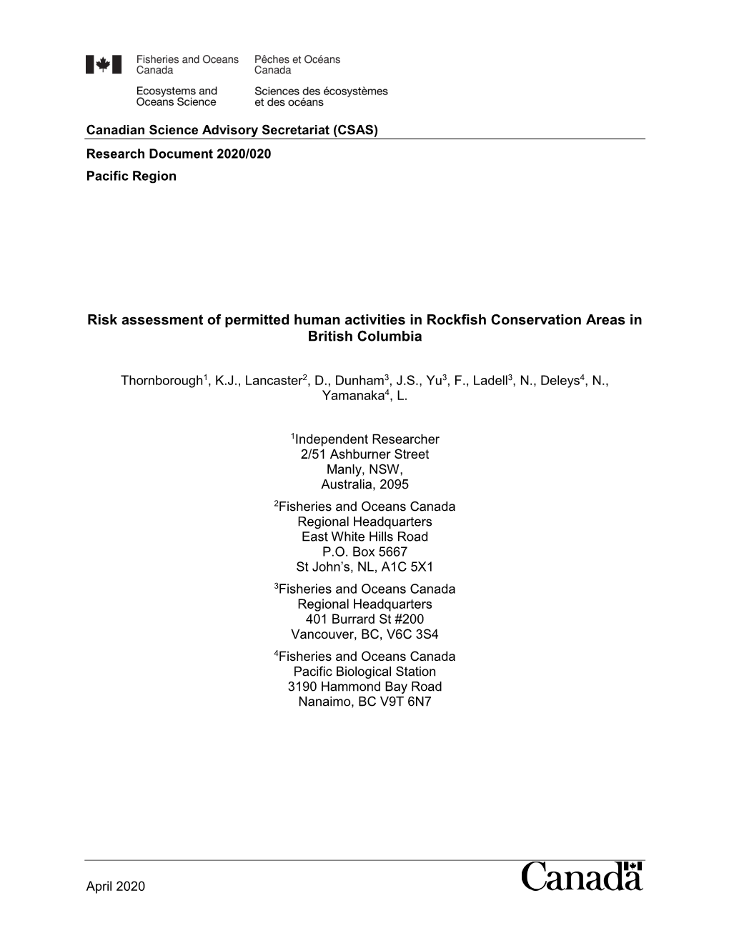 Risk Assessment of Permitted Human Activities in Rockfish Conservation Areas in British Columbia