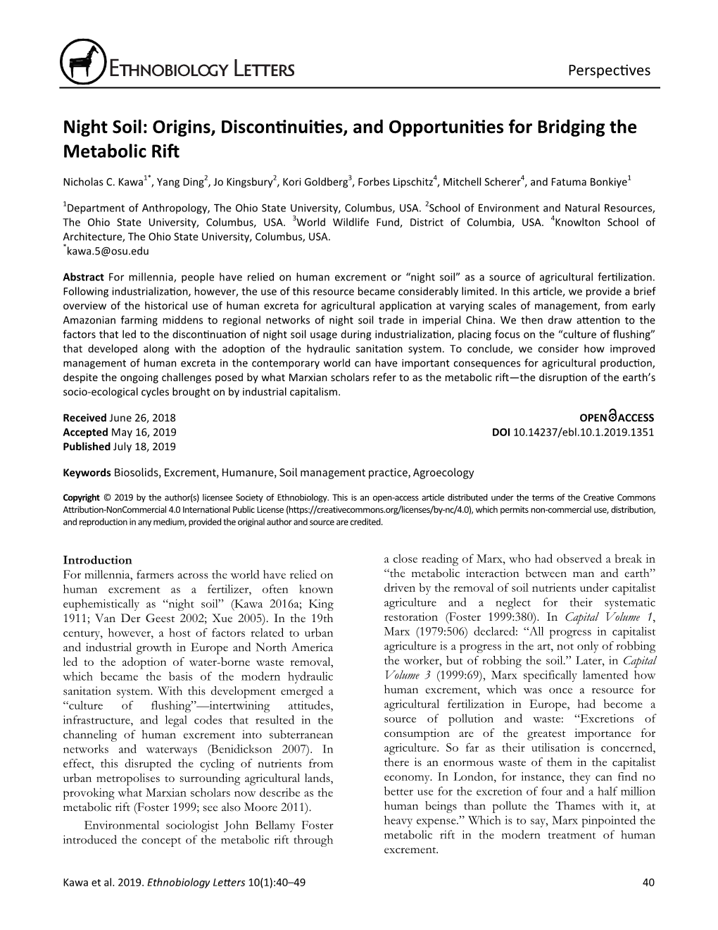 Night Soil: Origins, Discon�Nui�Es, and Opportuni�Es for Bridging the Metabolic Ri