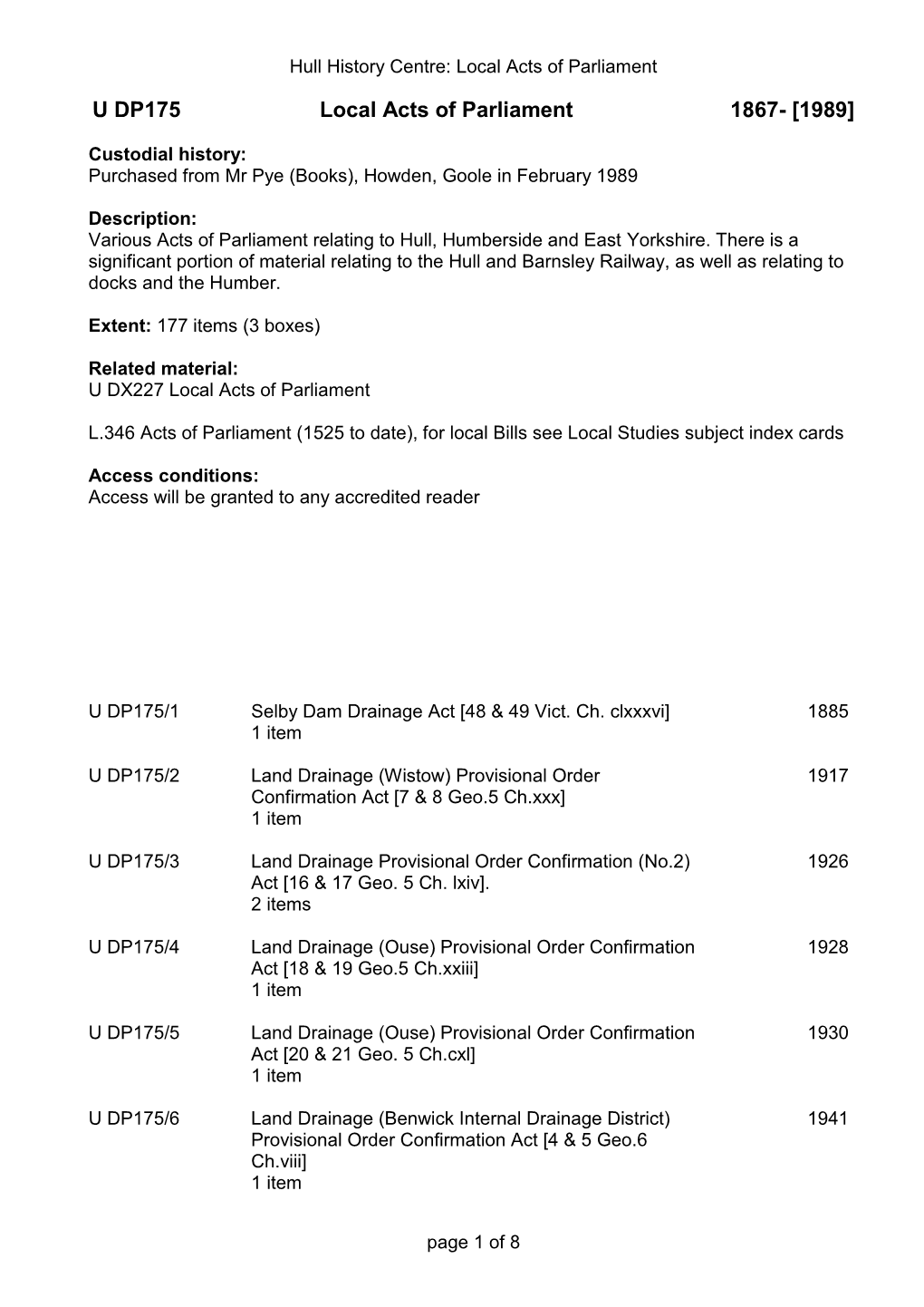 U DP175 Local Acts of Parliament 1867- [1989]