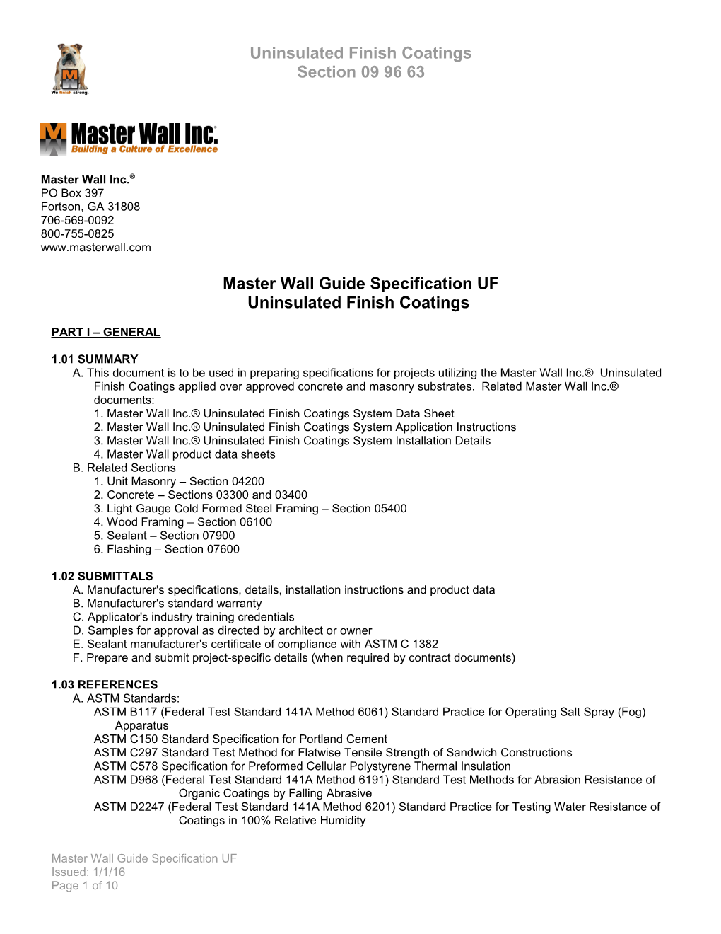 Master Wall Guide Specification UF