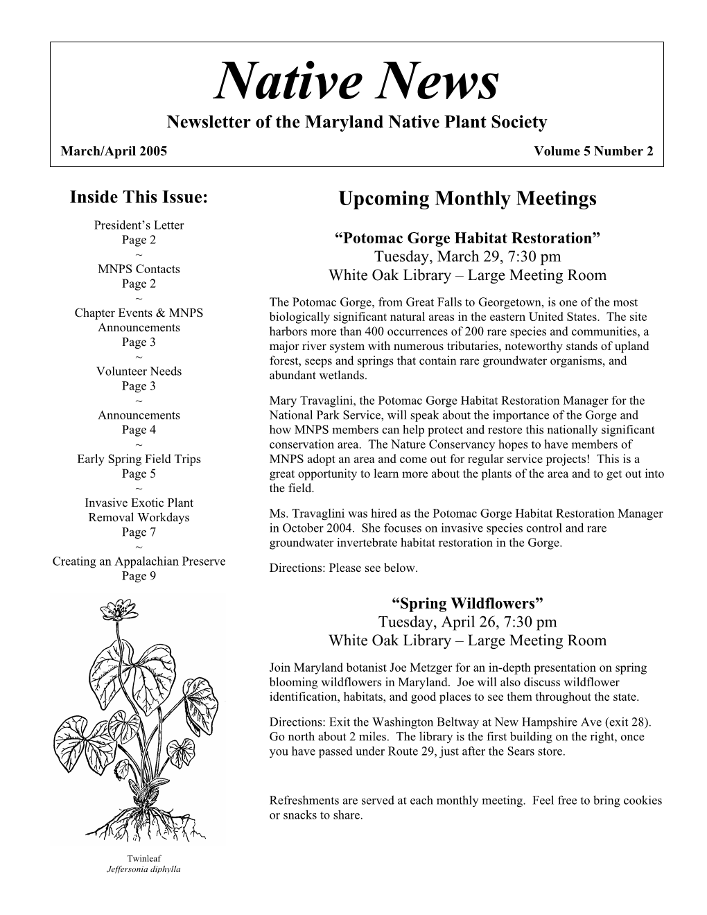 Native News Newsletter of the Maryland Native Plant Society