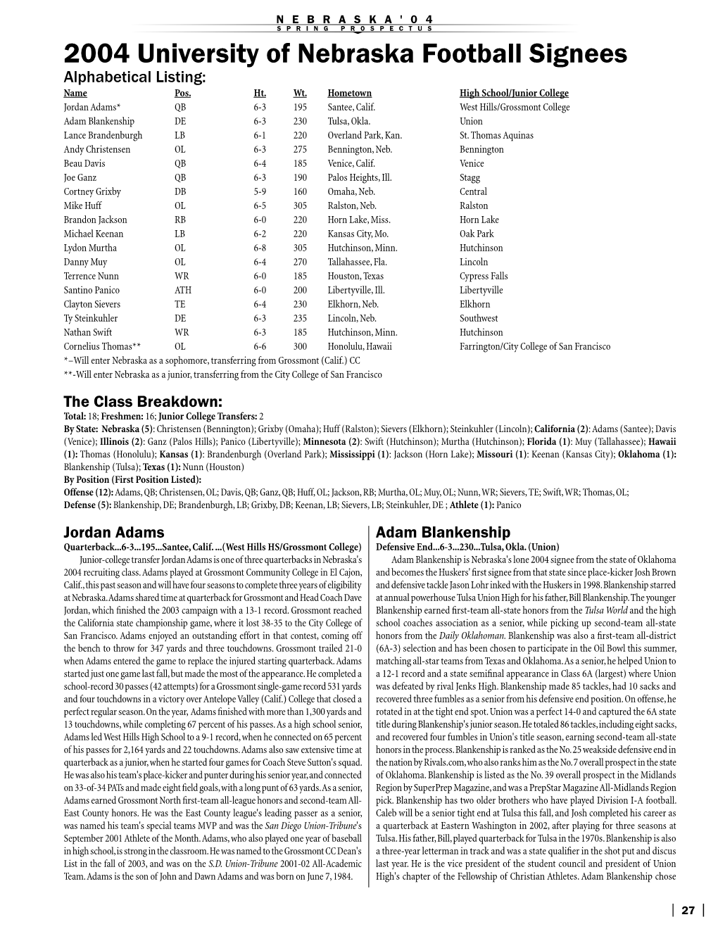 2004 University of Nebraska Football Signees Alphabetical Listing: Name Pos