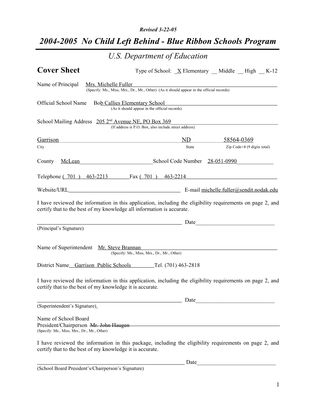 Bob Callies Elementary School Application: 2004-2005, No Child Left Behind - Blue Ribbon