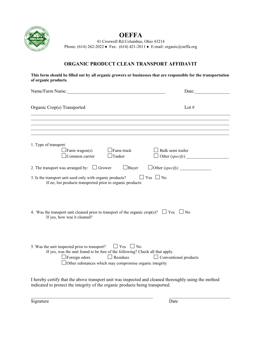 Organic Product Clean Transport Affidavit