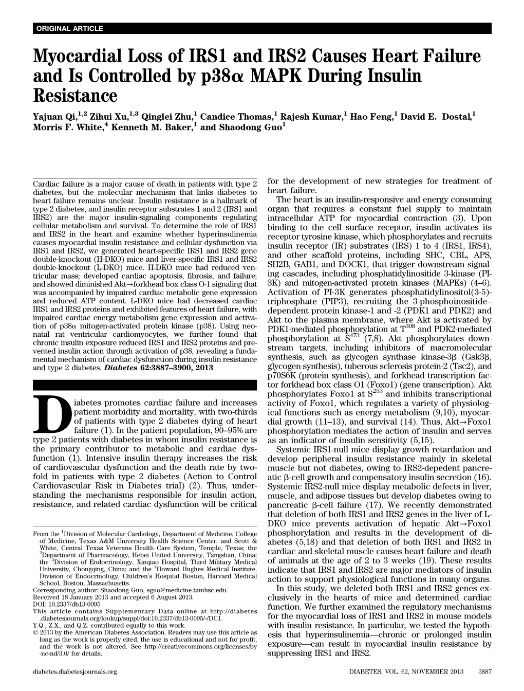 Myocardial Loss of IRS1 and IRS2 Causes Heart Failure and Is Controlled by P38a MAPK During Insulin Resistance