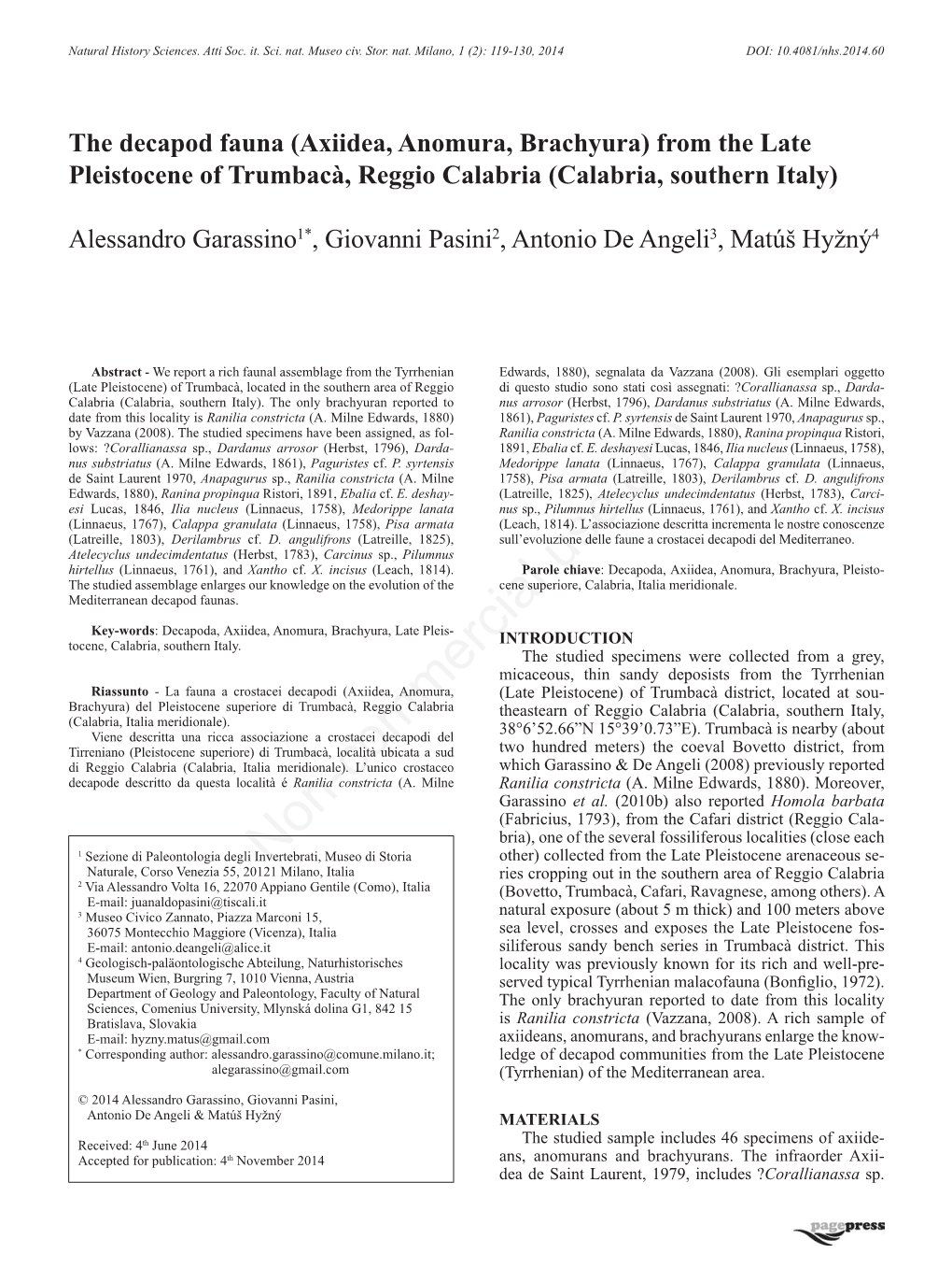 The Decapod Fauna (Axiidea, Anomura, Brachyura) from the Late Pleistocene of Trumbacà, Reggio Calabria (Calabria, Southern Italy)