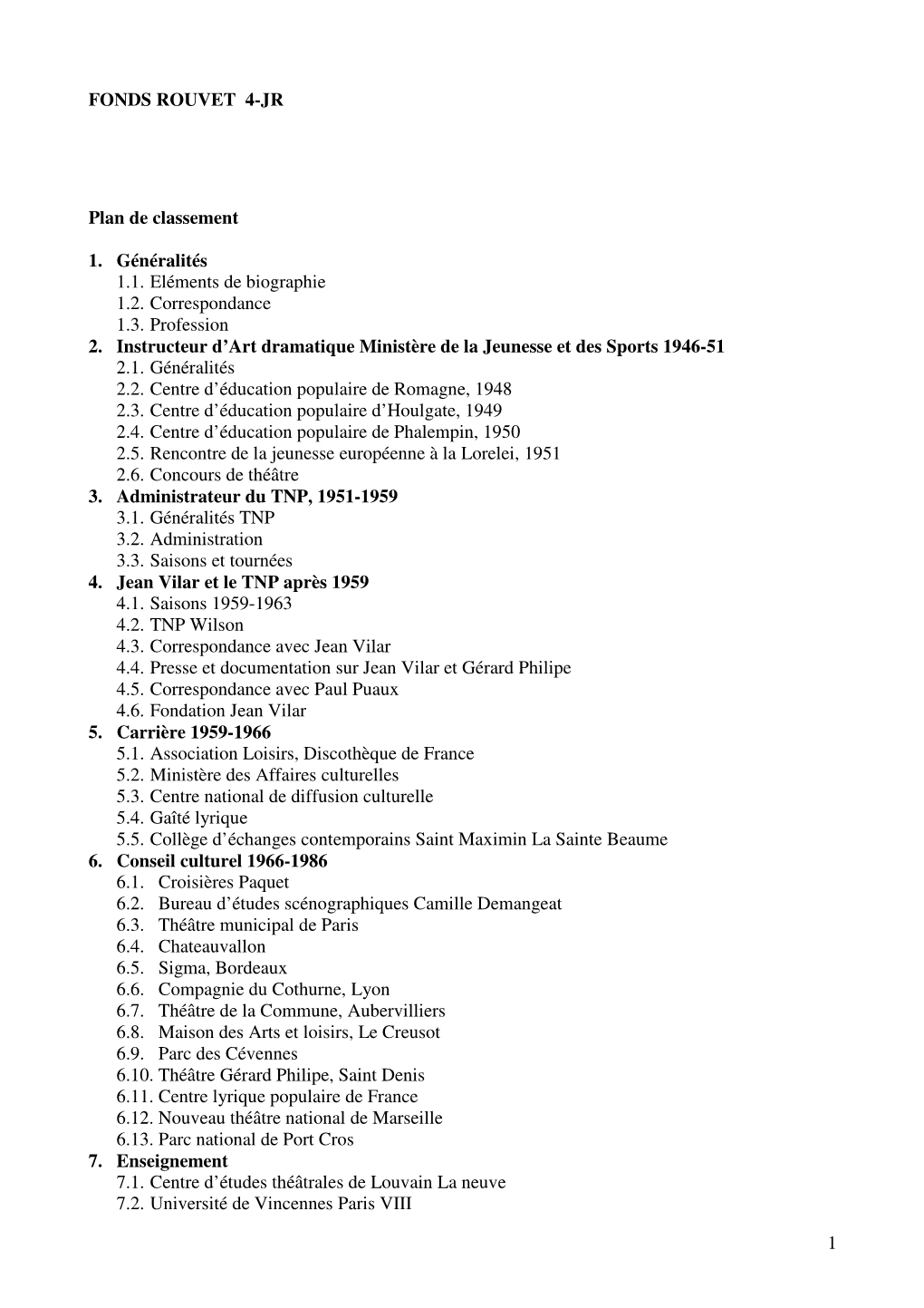 1 FONDS ROUVET 4-JR Plan De Classement 1
