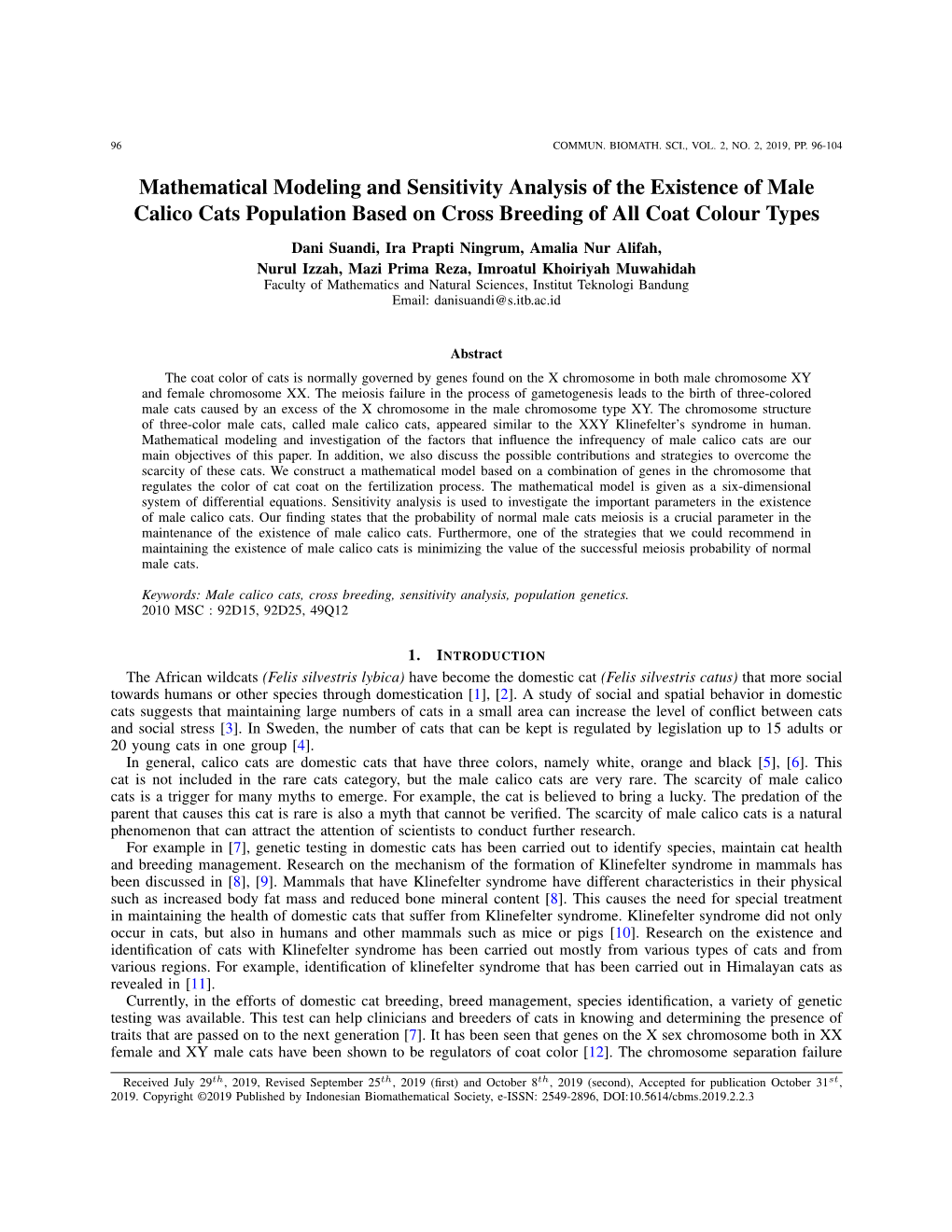 Mathematical Modeling and Sensitivity Analysis of the Existence of Male Calico Cats Population Based on Cross Breeding of All Coat Colour Types