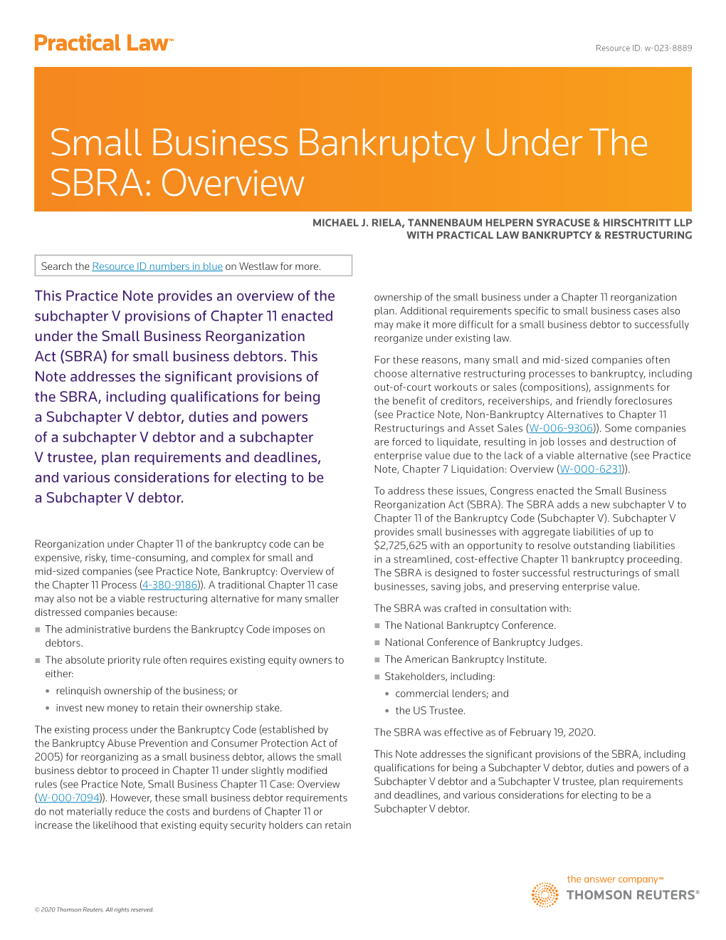 Small Business Bankruptcy Under the SBRA: Overview