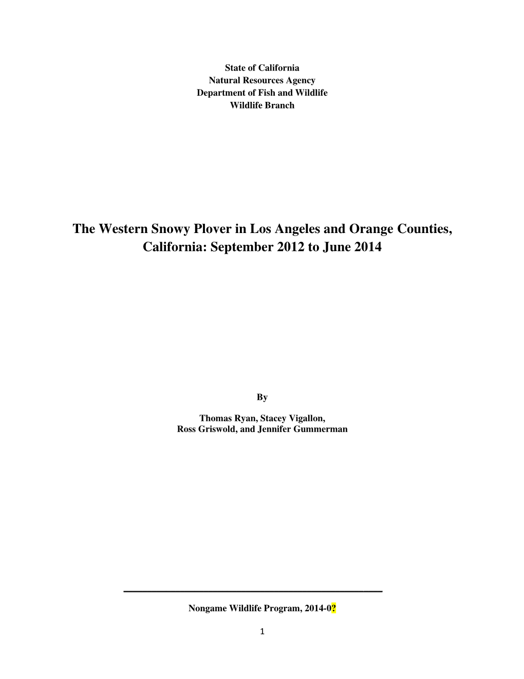 The Western Snowy Plover in Los Angeles and Orange Counties, California: September 2012 to June 2014