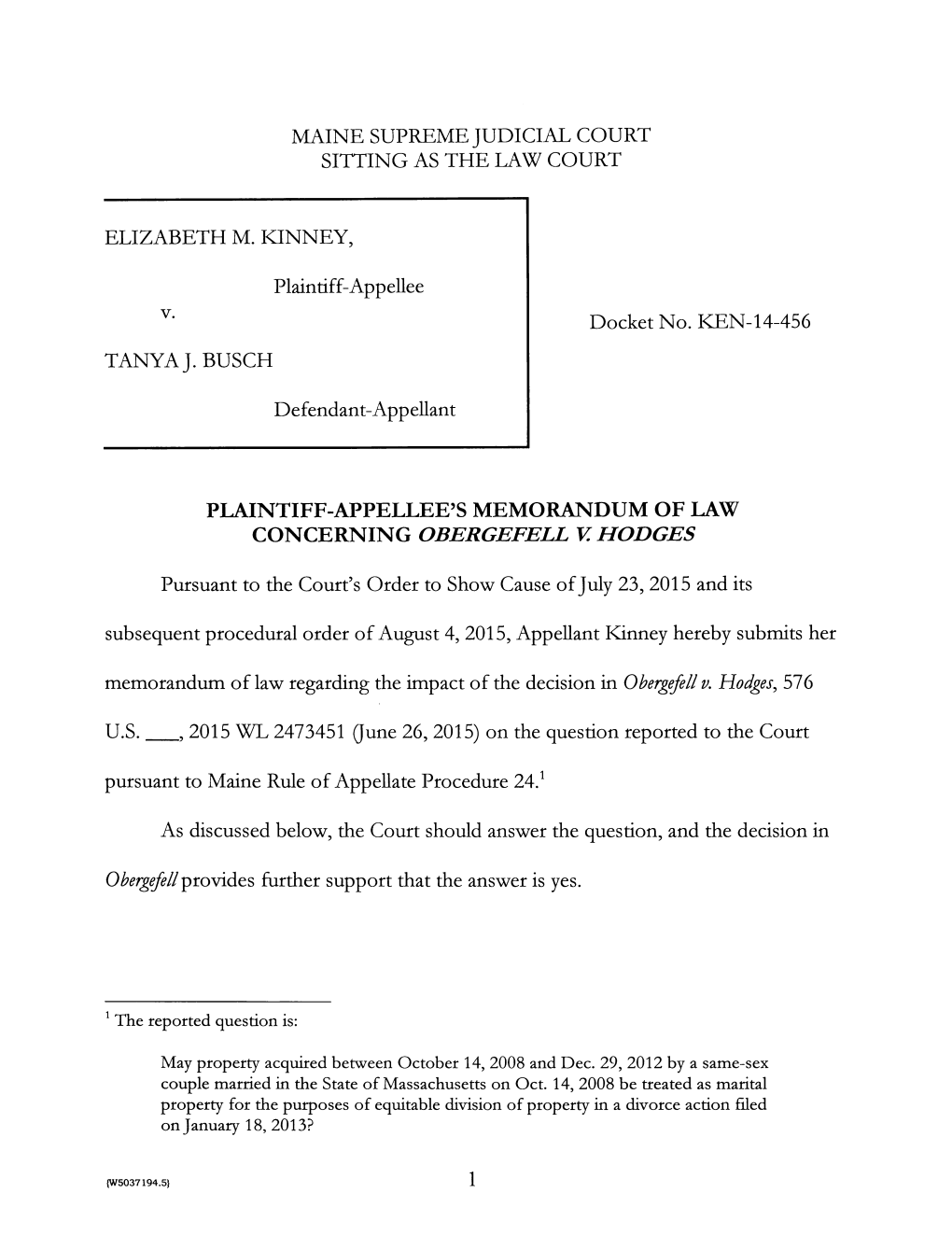 Plaintiff-Appellee's Memorandum of Law Concerning Obergefell V. Hodges