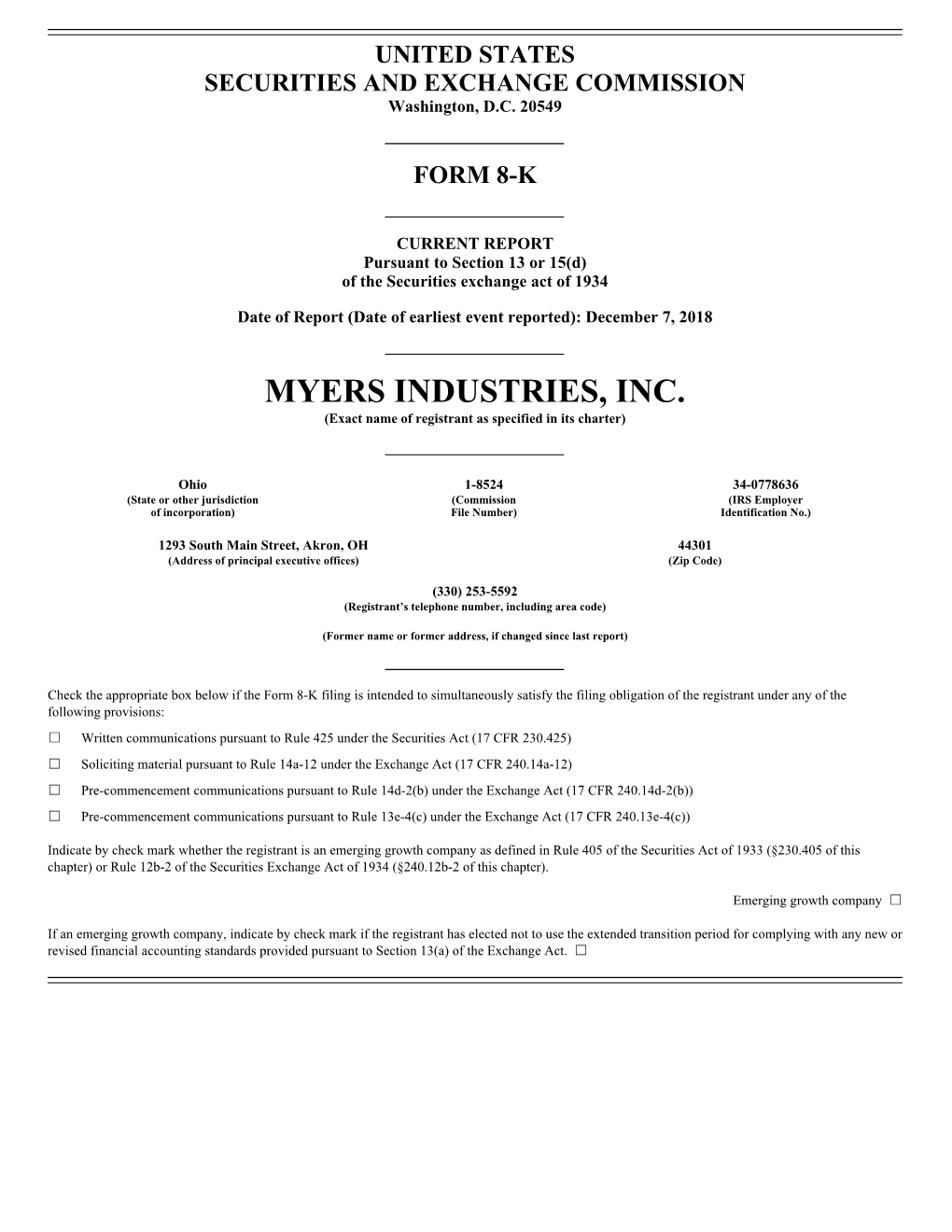 MYERS INDUSTRIES, INC. (Exact Name of Registrant As Specified in Its Charter)