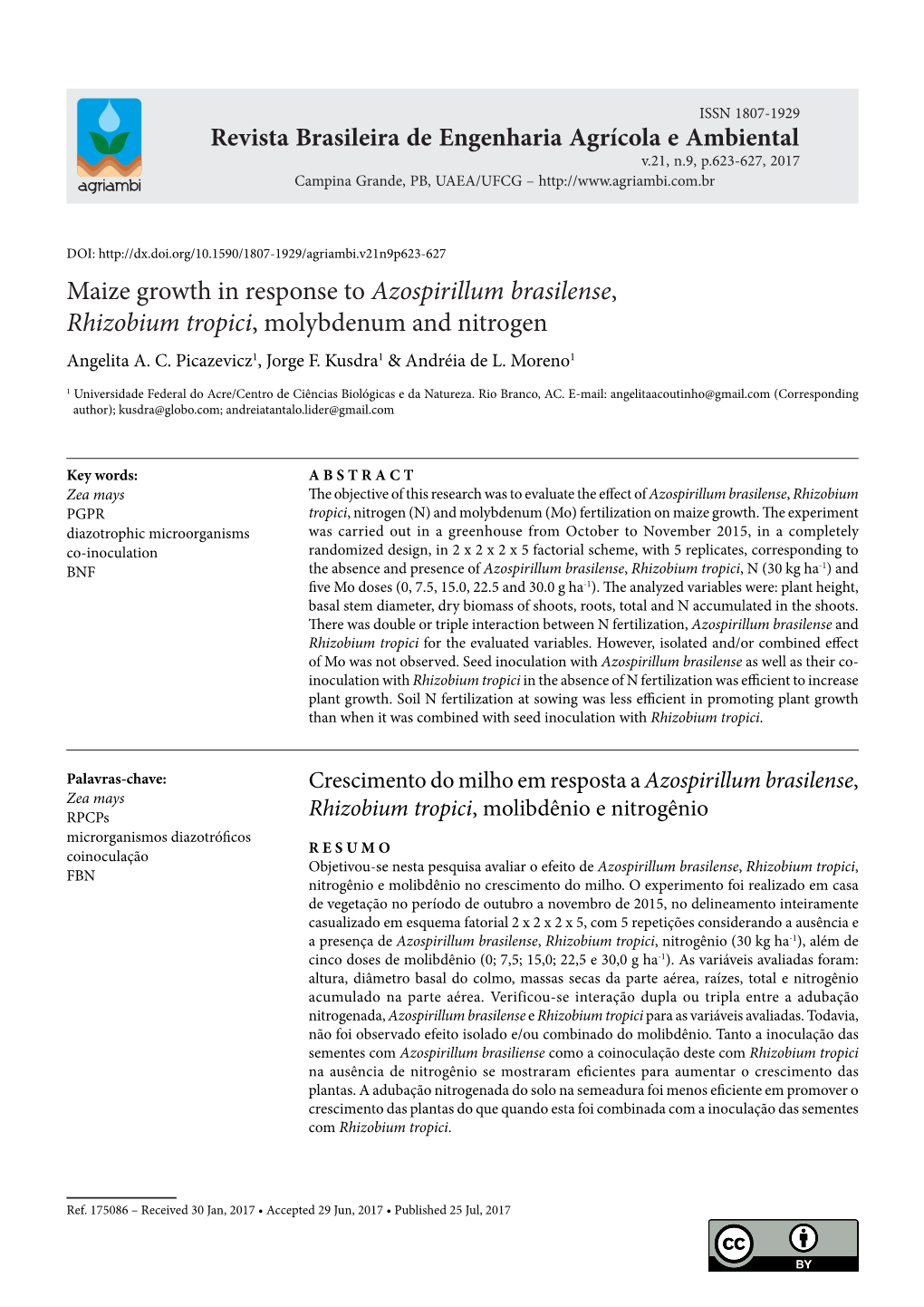 Maize Growth in Response to Azospirillum Brasilense, Rhizobium Tropici, Molybdenum and Nitrogen Angelita A