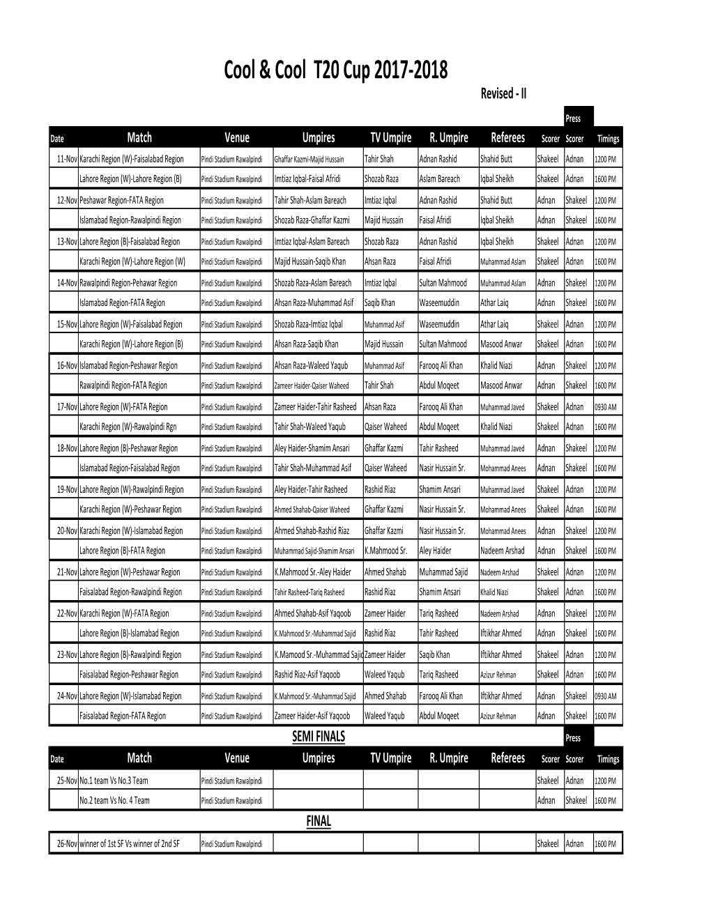 T-20 Schedule