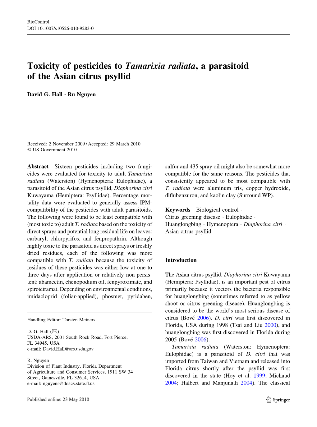 Toxicity of Pesticides to Tamarixia Radiata, a Parasitoid of the Asian Citrus Psyllid