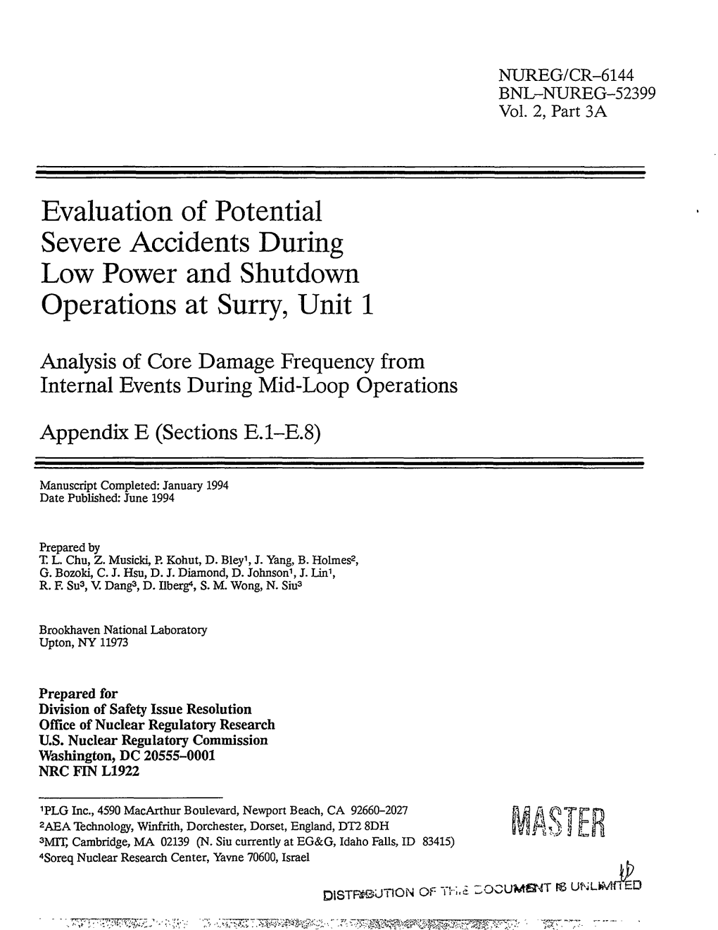 Evaluation of Potential Severe Accidents During Low Power and Shutdown Operations at Surry, Unit 1