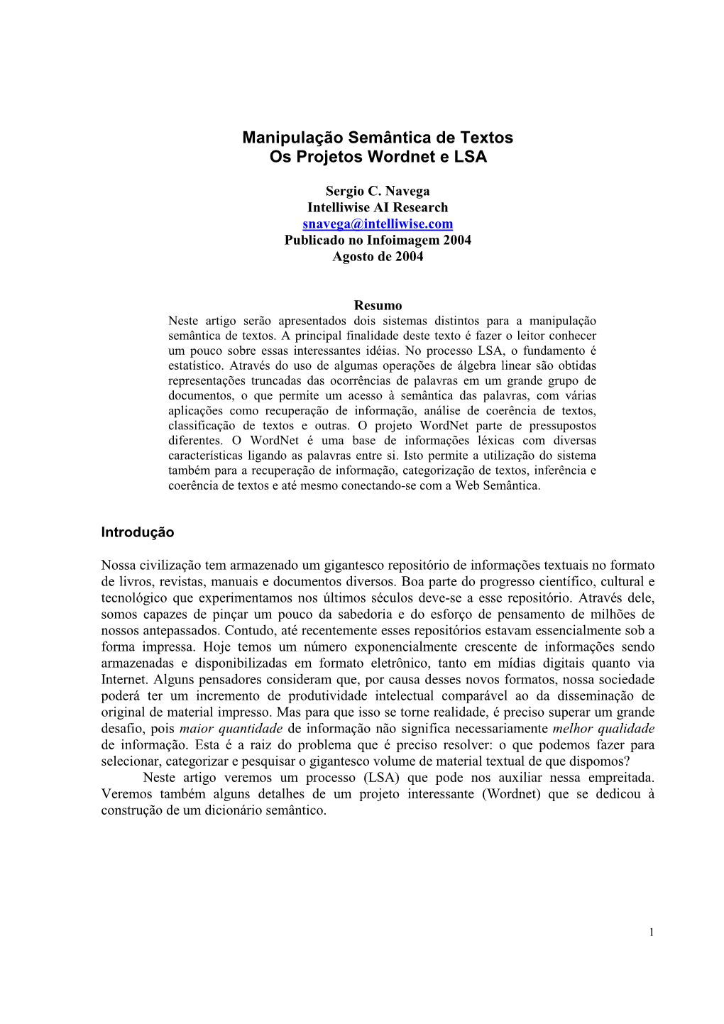 Manipulação Semântica De Textos Os Projetos Wordnet E LSA