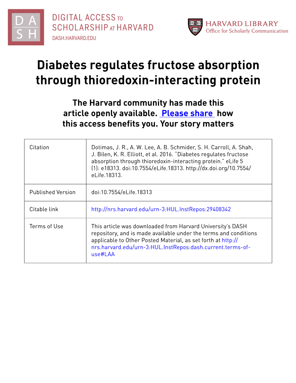 Diabetes Regulates Fructose Absorption Through Thioredoxin-Interacting Protein