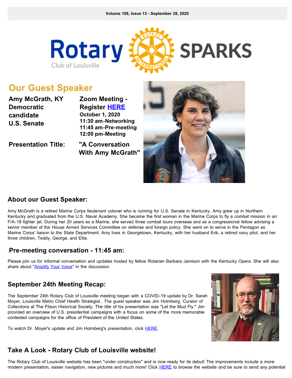 Our Guest Speaker Amy Mcgrath, KY Zoom Meeting - Democratic Register HERE Candidate October 1, 2020 U.S