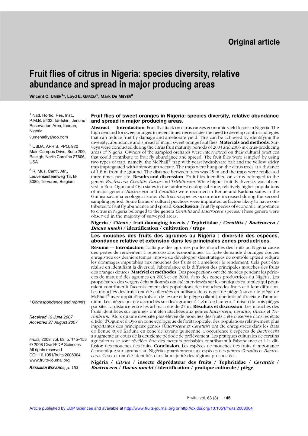 Fruit Flies of Sweet Oranges in Nigeria: Species Diversity, Relative Abundance P.M.B