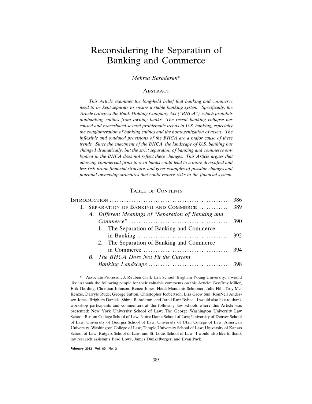 Reconsidering the Separation of Banking and Commerce