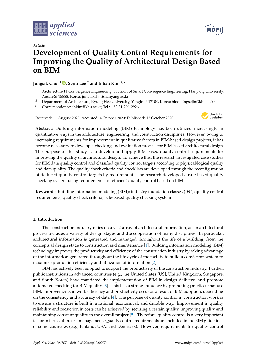 Development of Quality Control Requirements for Improving the Quality of Architectural Design Based on BIM