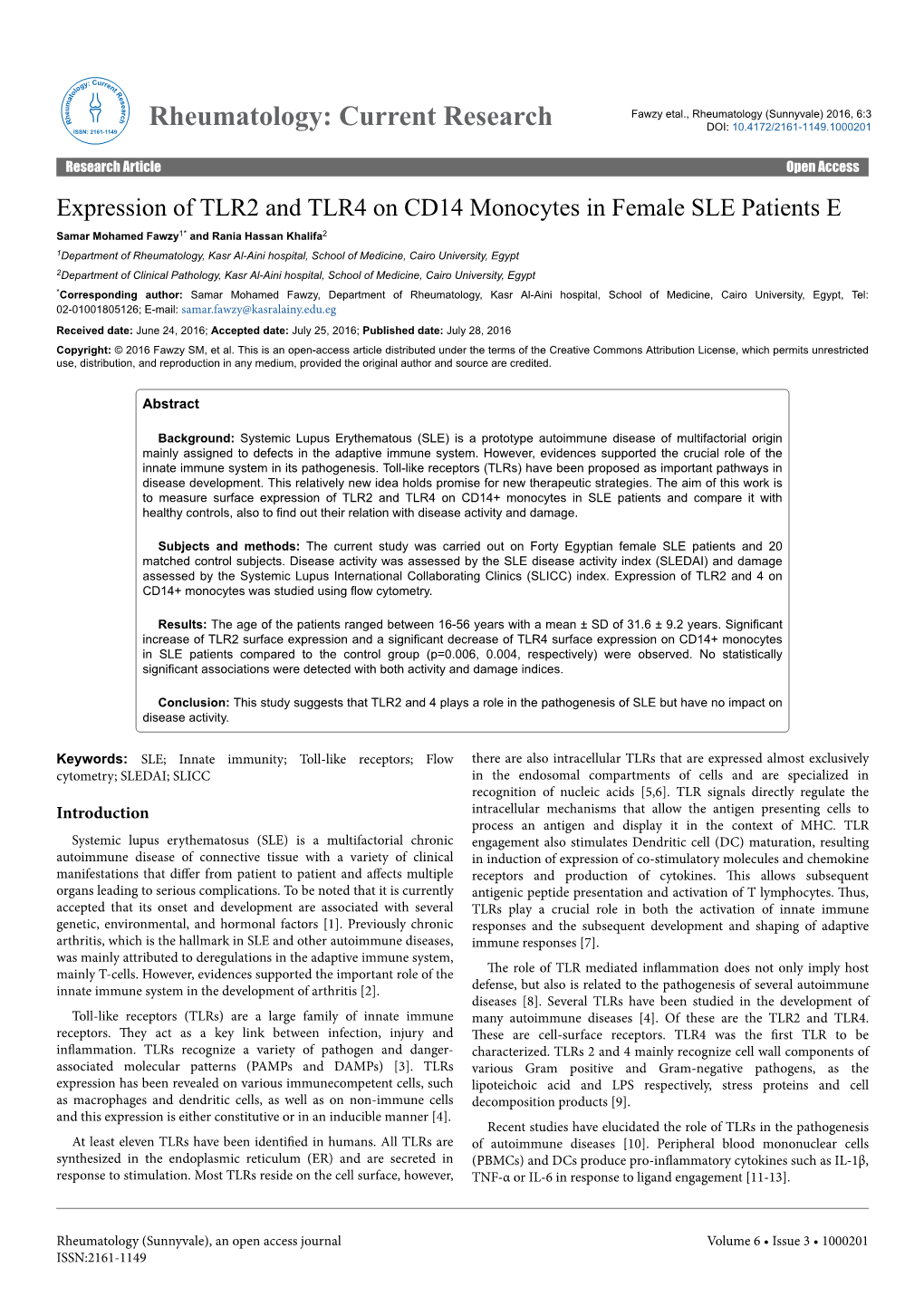 Expression of TLR2 and TLR4 on CD14 Monocytes in Female SLE