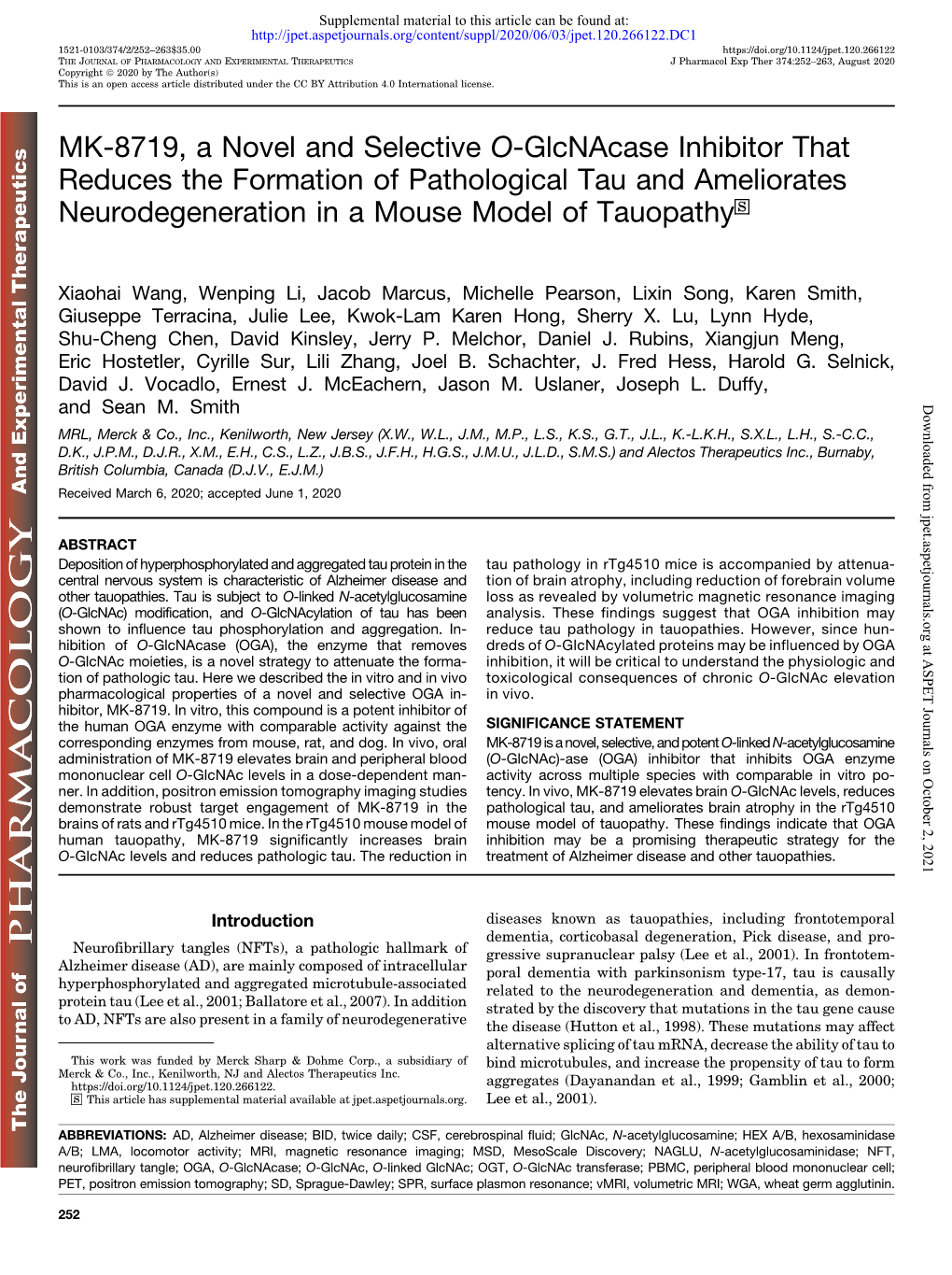 MK-8719, a Novel and Selective O-Glcnacase Inhibitor That Reduces the Formation of Pathological Tau and Ameliorates Neurodegeneration in a Mouse Model of Tauopathy S