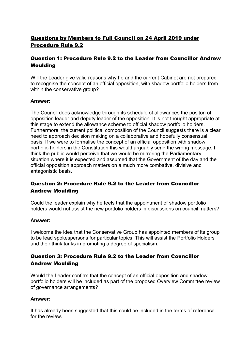 Questions by Members to Full Council on 24 April 2019 Under Procedure Rule 9.2