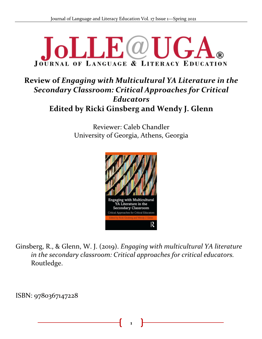 Review of Engaging with Multicultural YA Literature in the Secondary Classroom: Critical Approaches for Critical Educators Edited by Ricki Ginsberg and Wendy J