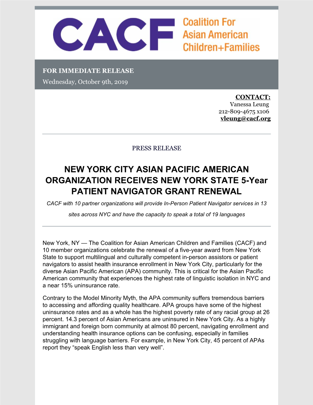 Patient Navigator 2019 Launch Press Release