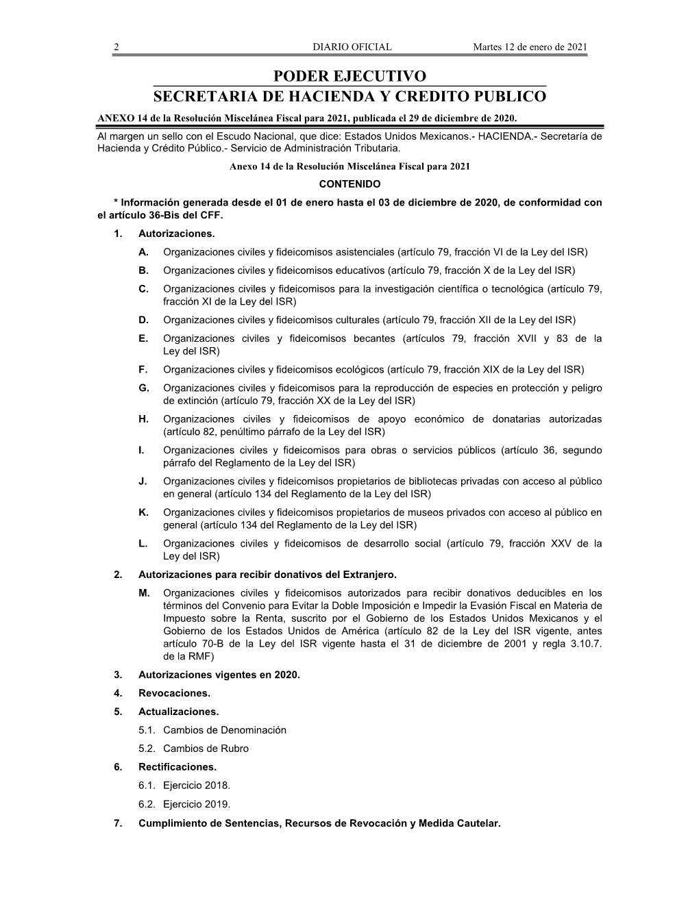 PODER EJECUTIVO SECRETARIA DE HACIENDA Y CREDITO PUBLICO ANEXO 14 De La Resolución Miscelánea Fiscal Para 2021, Publicada El 29 De Diciembre De 2020