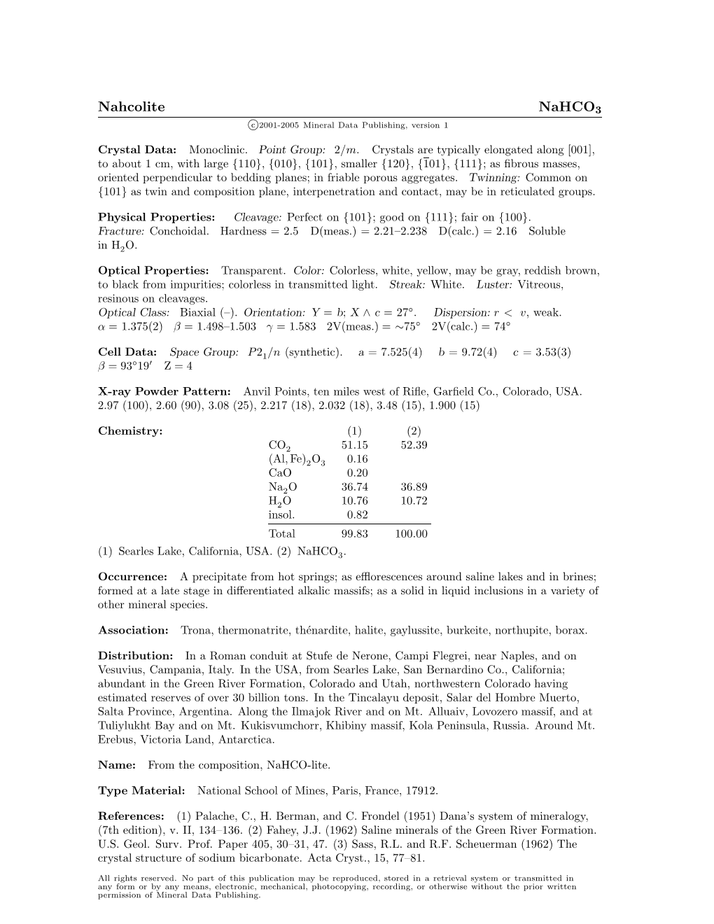 Nahcolite Nahco3 C 2001-2005 Mineral Data Publishing, Version 1