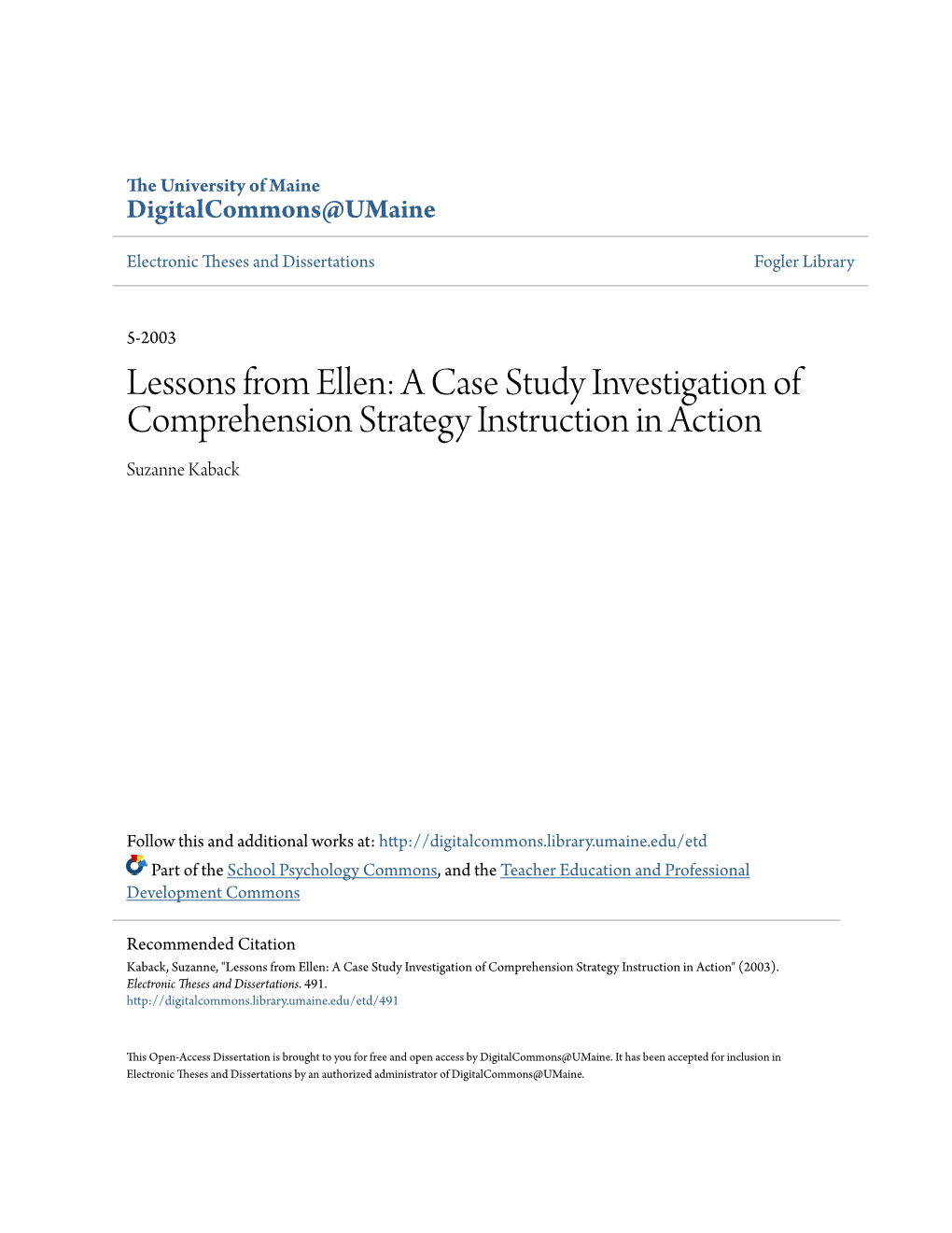 Lessons from Ellen: a Case Study Investigation of Comprehension Strategy Instruction in Action Suzanne Kaback