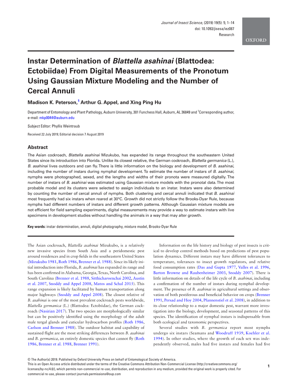 Instar Determination of Blattella Asahinai (Blattodea: Ectobiidae)