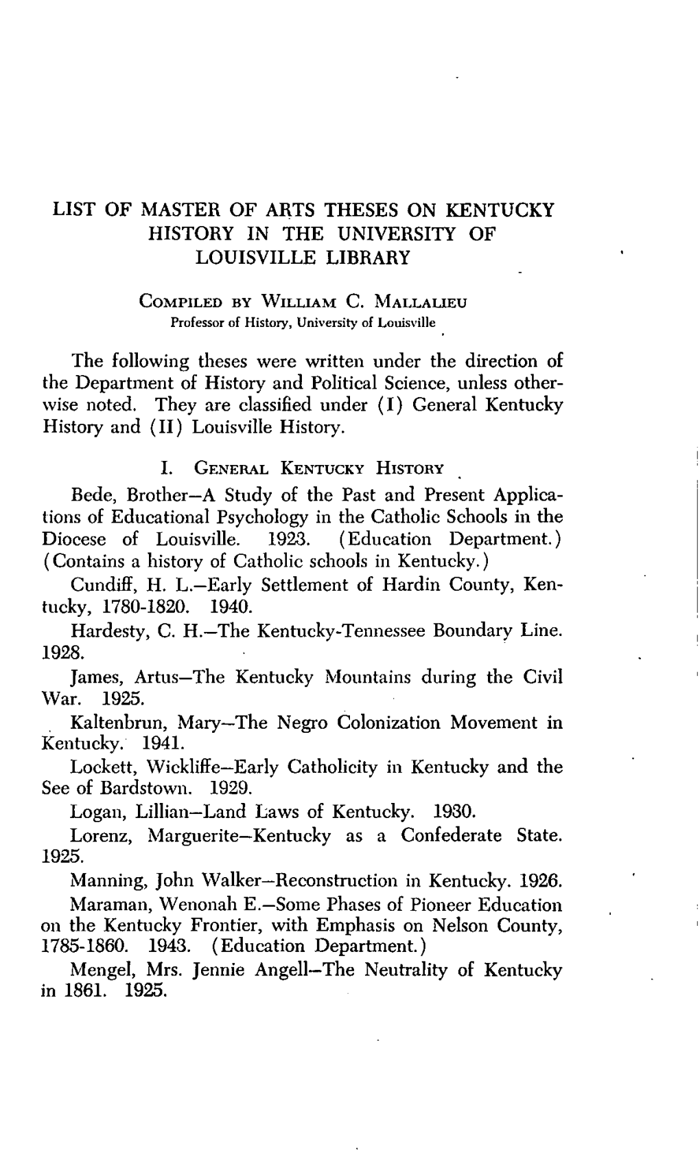 List of Master of Arts Theses on Kentucky History in the University of Louisville Library